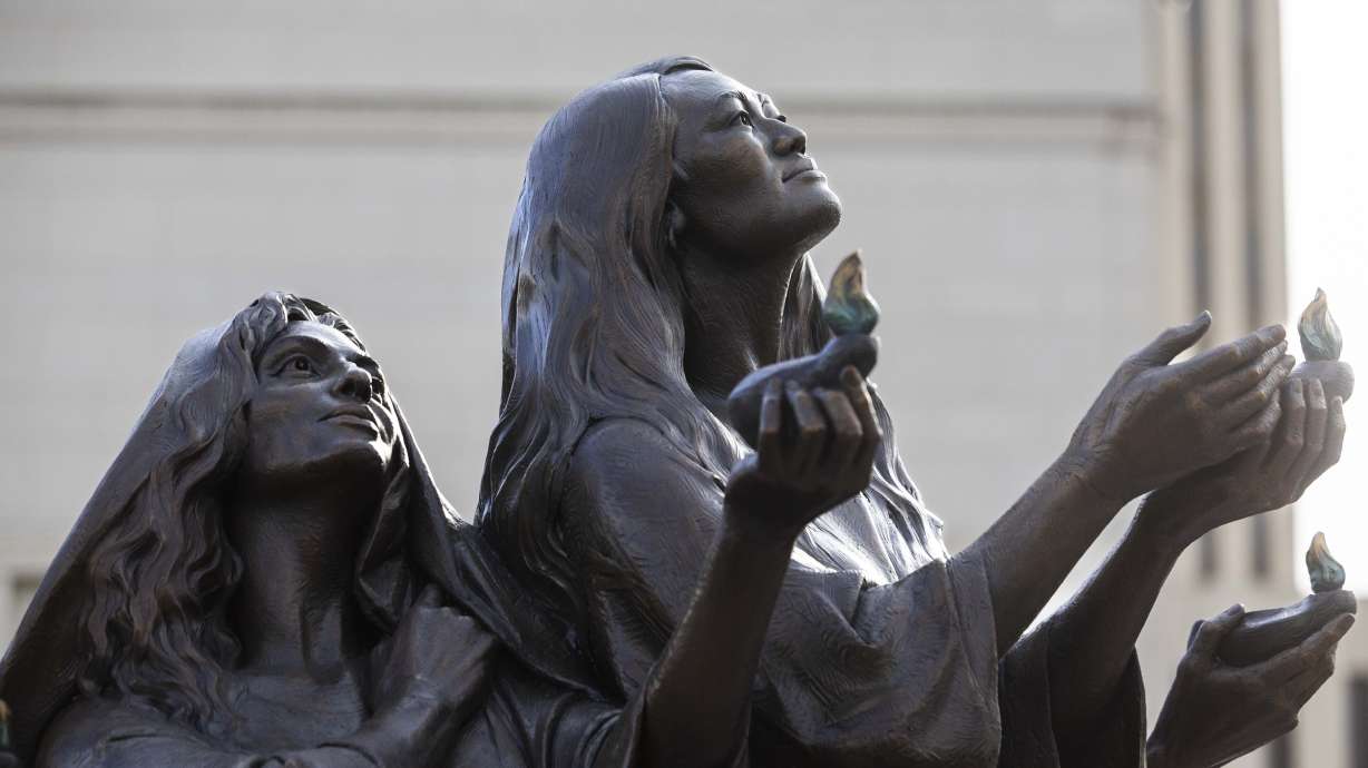 The sculpture Five Wise Virgins, created by artist Ben Hammond, is pictured on Temple Square during its unveiling in Salt Lake City on Wednesday.
