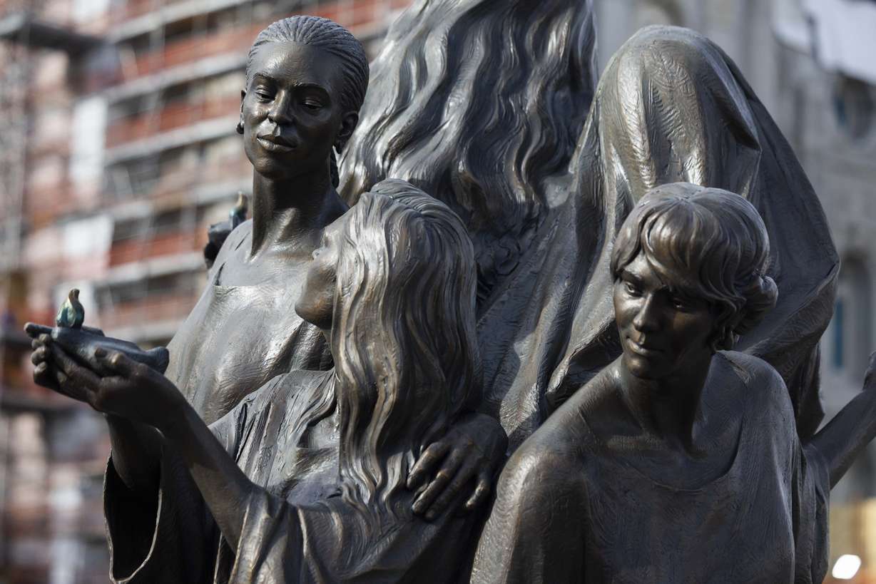 The sculpture Five Wise Virgins, created by artist Ben Hammond, is pictured on Temple Square during its unveiling in Salt Lake City on Wednesday.