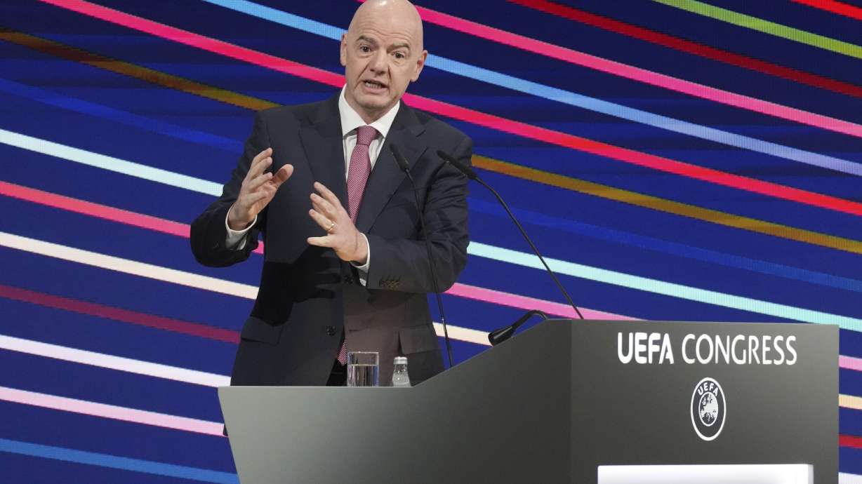 FIFA president Gianni Infantino speaks to delegates at the 49th ordinary UEFA congress in Belgrade, Serbia, Thursday, April 3, 2025.