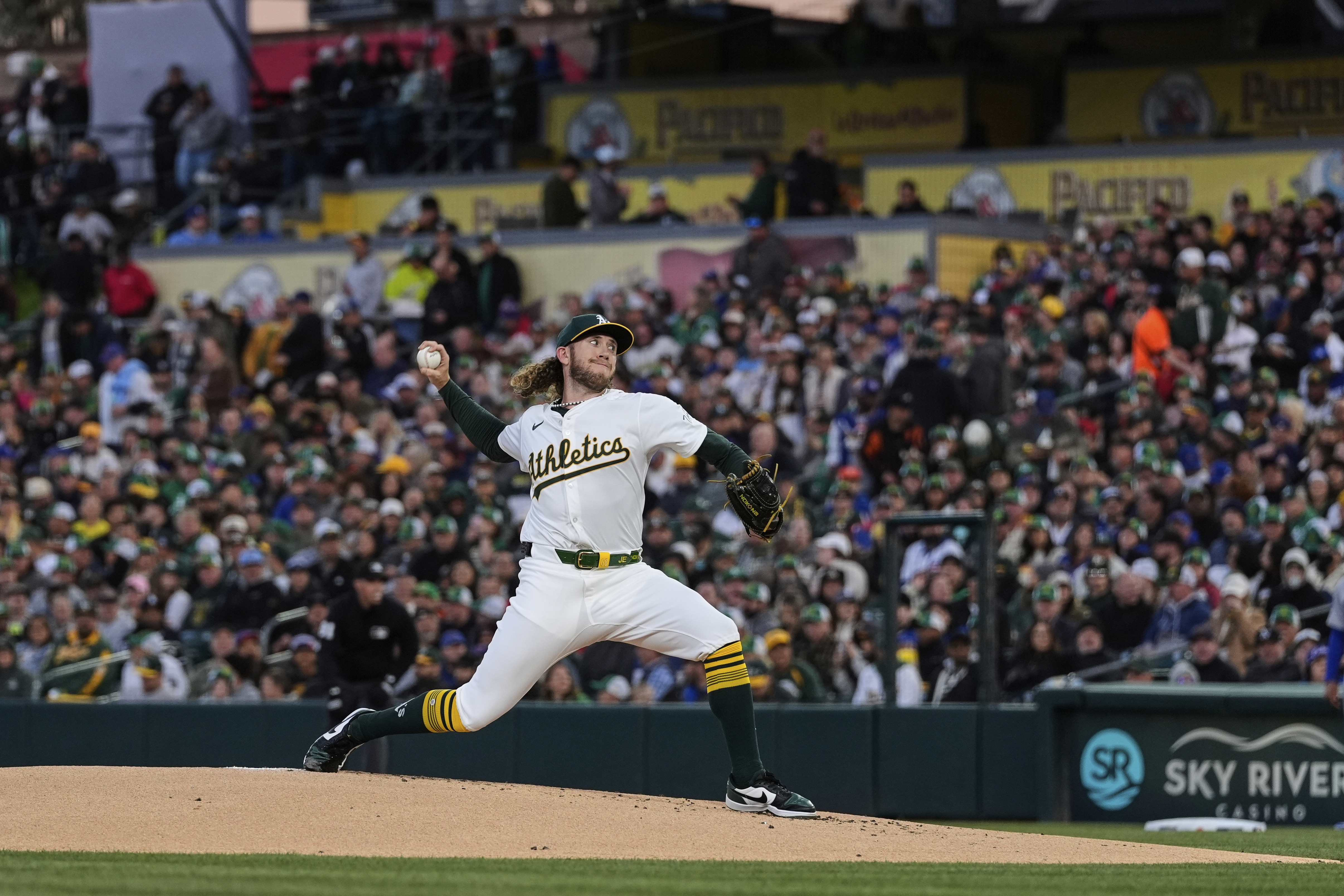 Athletics' Joey Estes pitches against the Chicago Cubs during the first inning of a baseball game Monday, March 31, 2025, in West Sacramento, Calif.