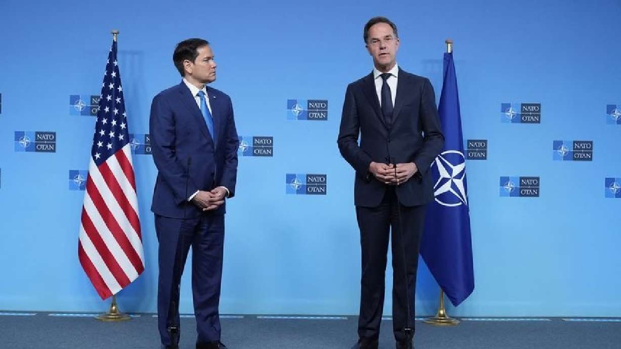 Secretary of State Marco Rubio with NATO Secretary General Mark Rutte in Brussels, Belgium, on Thursday. Rubio told NATO allies that Washington remains committed to the alliance.