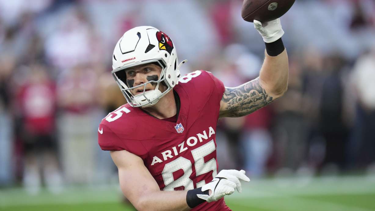 FILE - Arizona Cardinals tight end Trey McBride warms up prior to an NFL football game against the San Francisco 49ers Sunday, Jan. 5, 2025, in Glendale, Ariz.