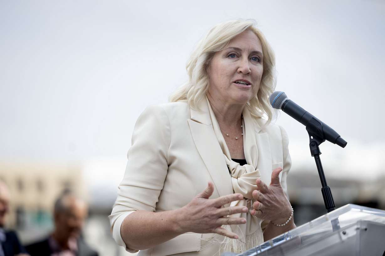 Rep. Karianne Lisonbee speaks at a ceremonial signing of public safety legislation in Salt Lake City on April 3, 2025.