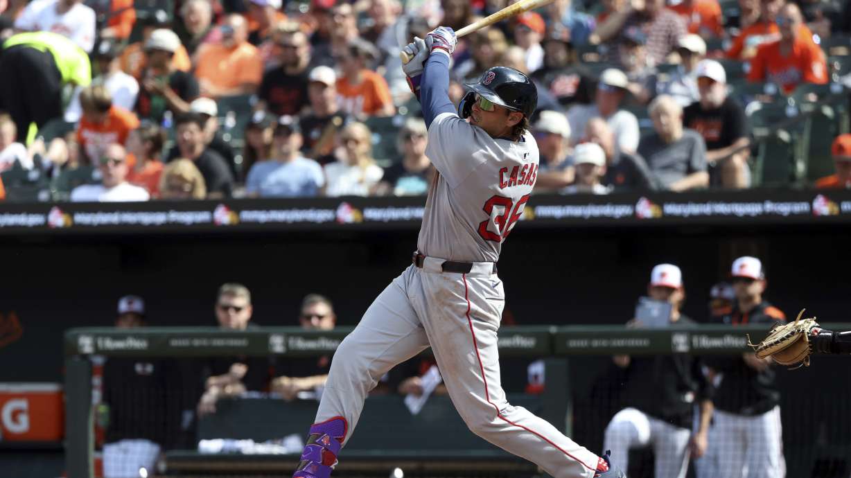 Boston Red Sox's Triston Casas hits a home run during the seventh inning of a baseball game against the Baltimore Orioles, Thursday, April 3 2025, in Baltimore.