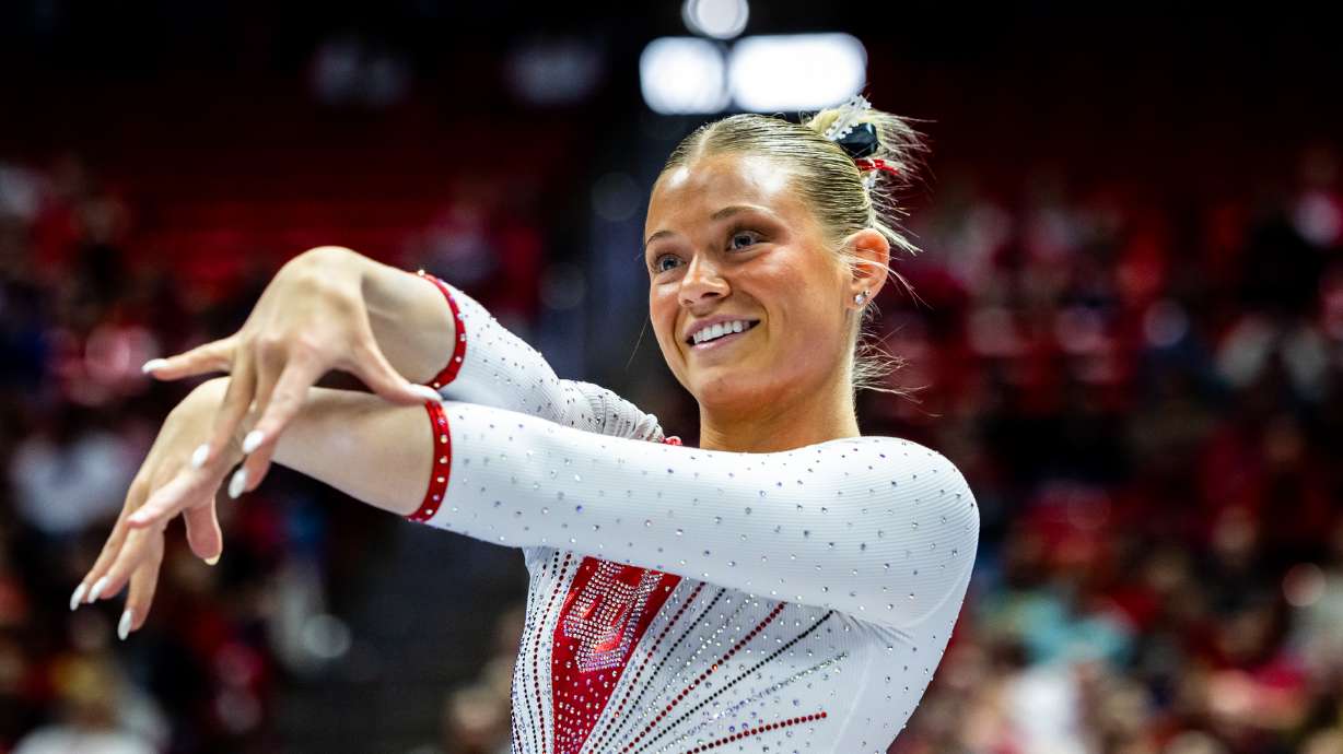 Utah’s Avery Neff performs on the floor as they compete in the NCAA regional semifinals for gymnastics at the Jon M. Huntsman Center in Salt Lake City on Thursday, April 3, 2025.