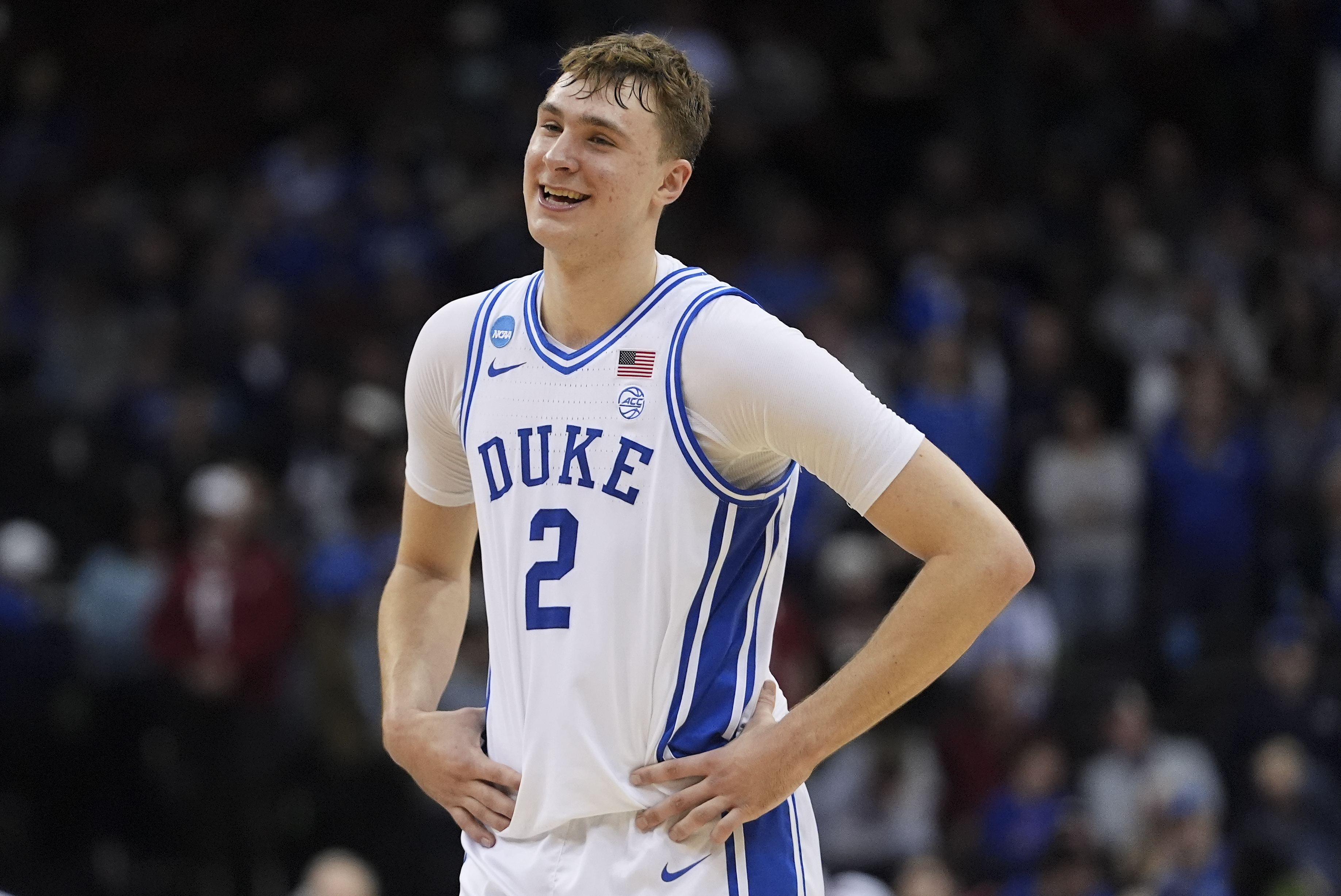 FILE - Duke forward Cooper Flagg (2) reacts after Duke beat Alabama in an Elite Eight round NCAA college basketball tournament game, Saturday, March 29, 2025, in Newark, N.J.