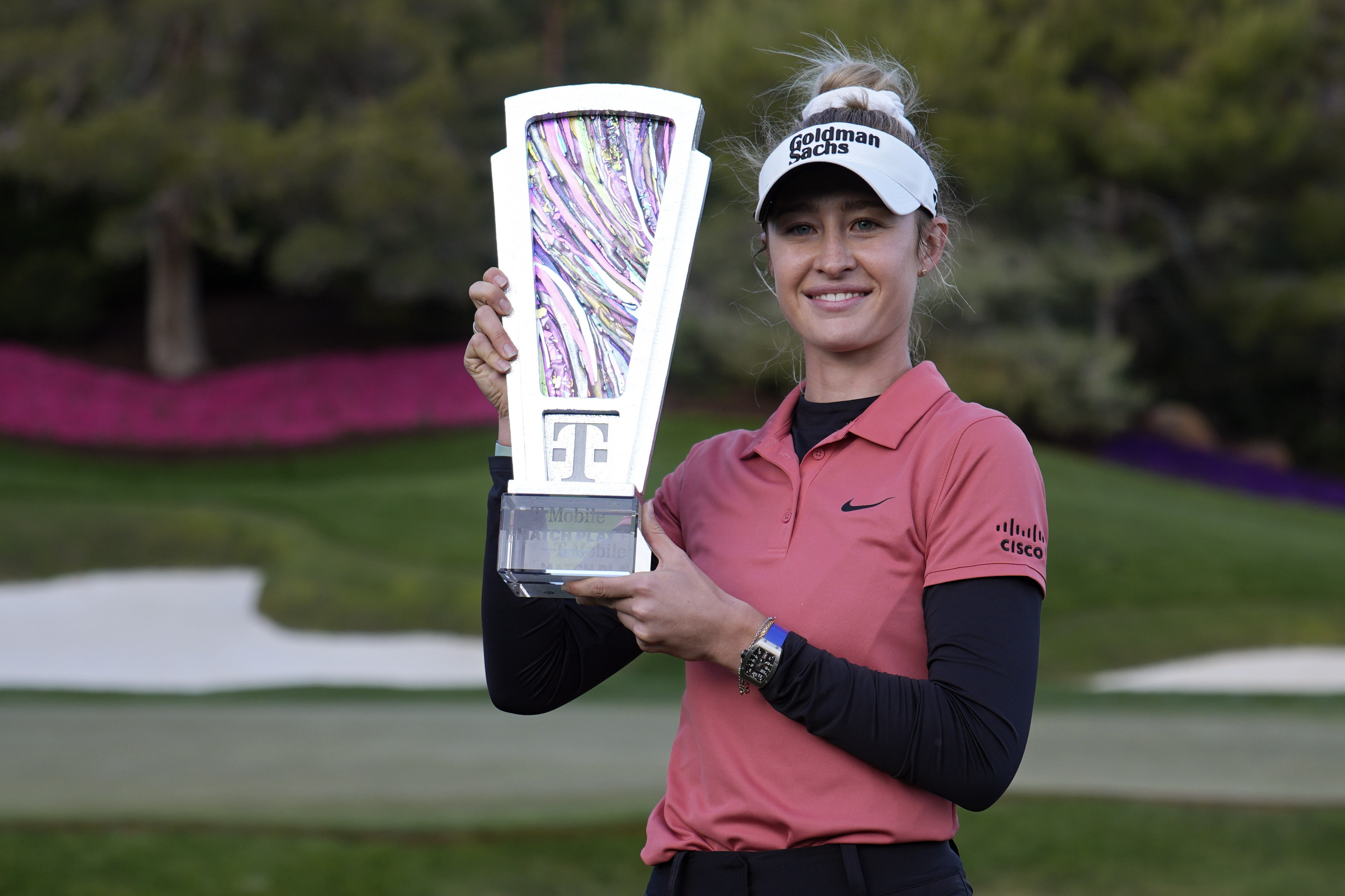 FILE - Nelly Korda poses with the trophy after winning the LPGA T-Mobile Match Play golf tournament Sunday, April 7, 2024, in North Las Vegas, Nev.