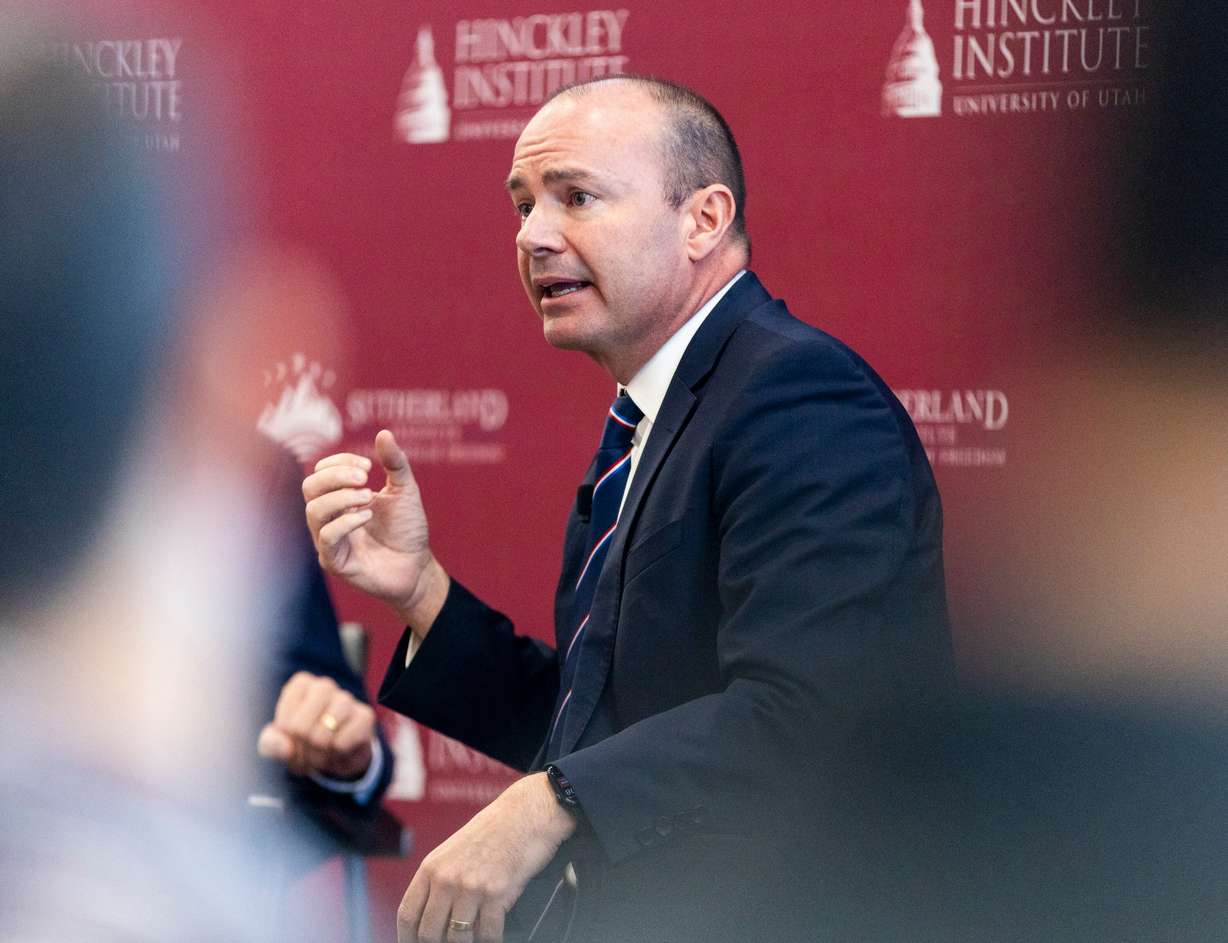 Sen. Mike Lee speaks at the Sutherland Institute’s Congressional Series at the Hinckley Institute of Politics on the campus of the University of Utah in Salt Lake City on Oct. 14, 2024. Lee commented on Trump's tariff package this week.
