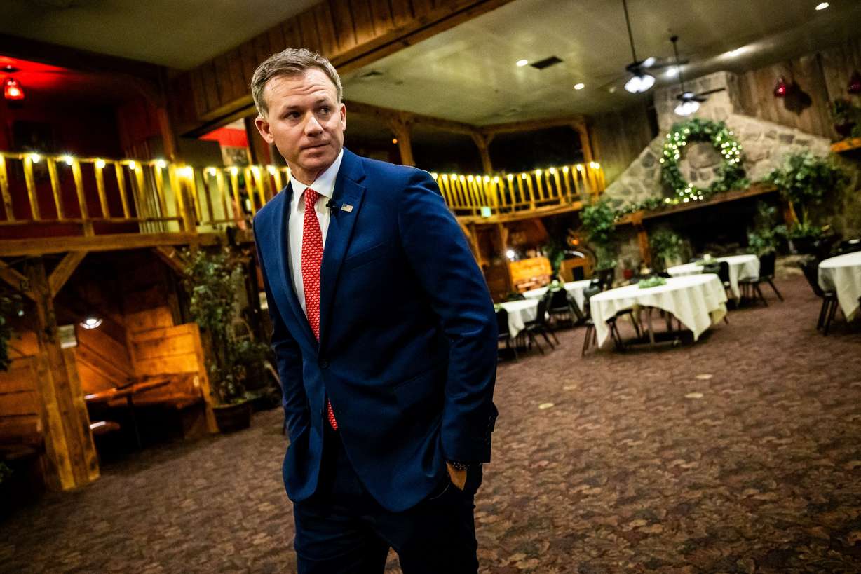 Congressman and DOGE co-chair Blake Moore prepares to speak to the press inside his GOP Luncheon at Timbermine Steakhouse in Ogden on March 22. Moore commented on Trump's tariff package this week.