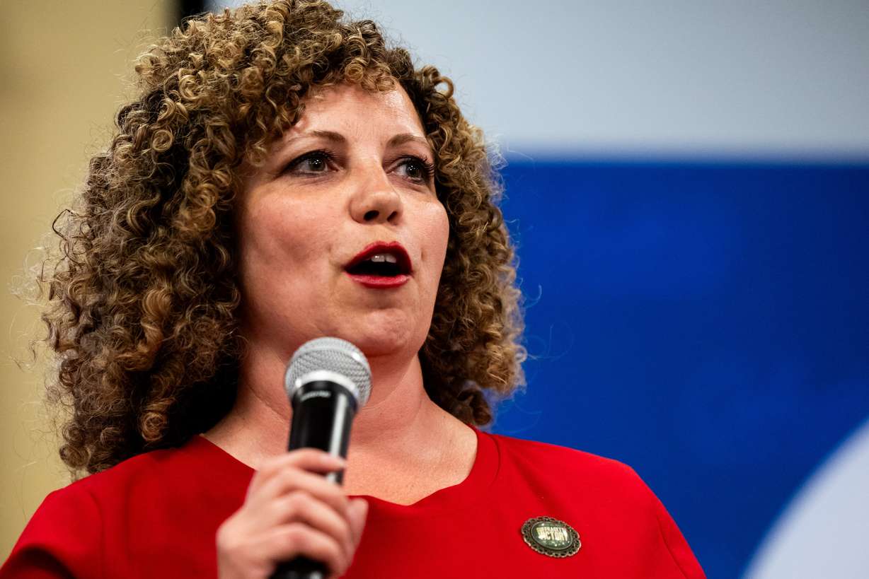 Utah 2nd District Rep. Celeste Maloy speaks to attendees while the results are still too close to call at a primary election watch party at the Utah Trucking Association in West Valley City on June 25, 2024. She commented on Trump's tariff package this week.