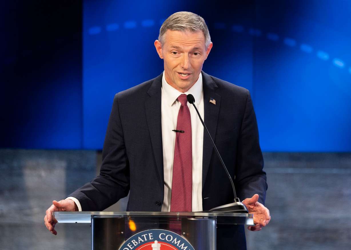 Republican state Sen. Mike Kennedy (R) answers a question during the Utah Debate Commission’s debate for Congressional District 3 at the Brigham Young University Broadcasting Building in Provo on Oct. 17, 2024. He commented on Trump's tariff package this week.