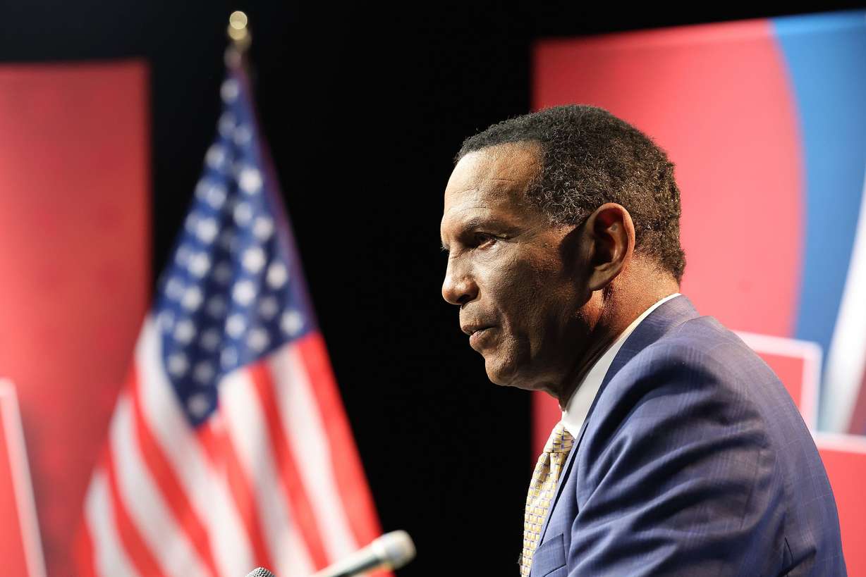 Rep. Burgess Owens, R-Utah, answers media questions after debating Congressional District 4 candidate Katrina Fallick-Wang, Democratic, at the University of Utah’s KUER in Salt Lake City on Oct. 24, 2024. He commented on Trump's tariff package this week.