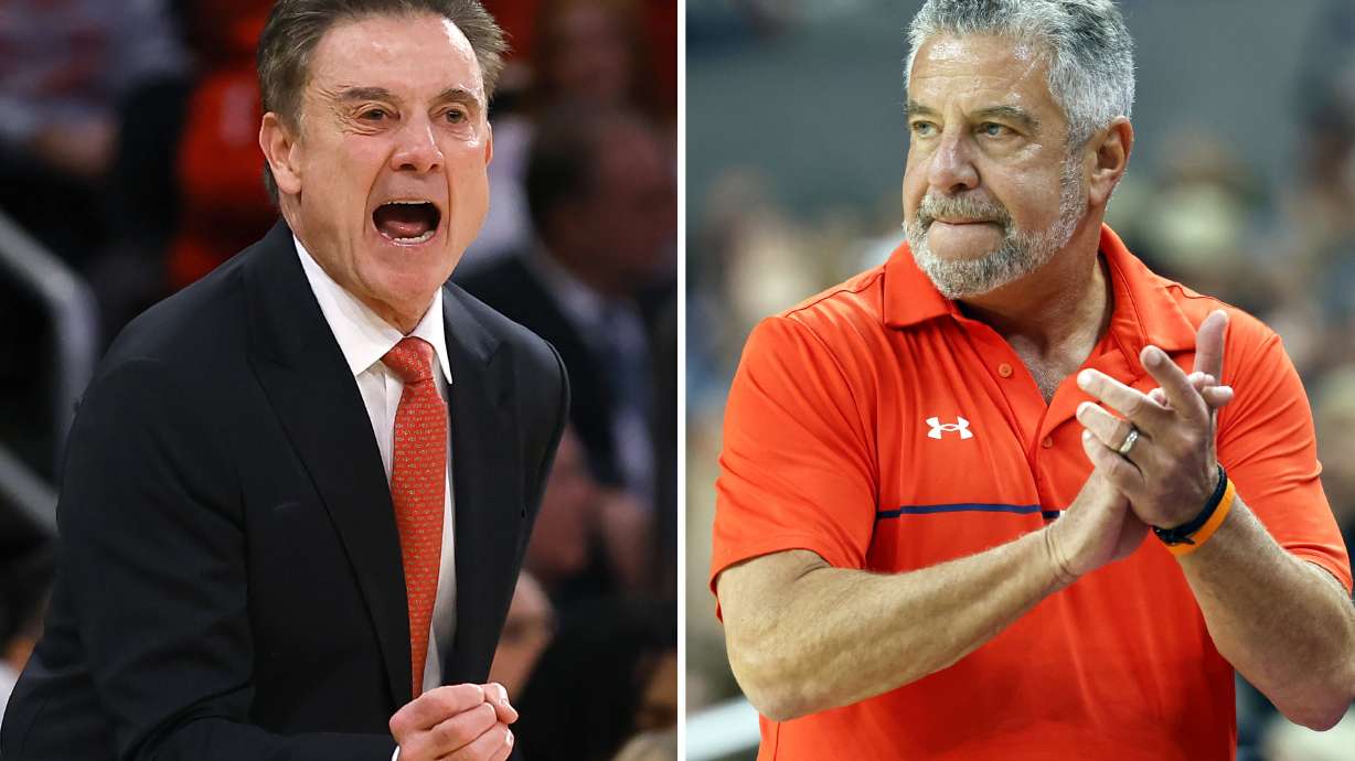 FILE - This combo of filer photos show from left, St. John's coach Rick Pitino, left, and Auburn coach Bruce Pearl, the The Associated Press coaches of the year in men's college basketball.