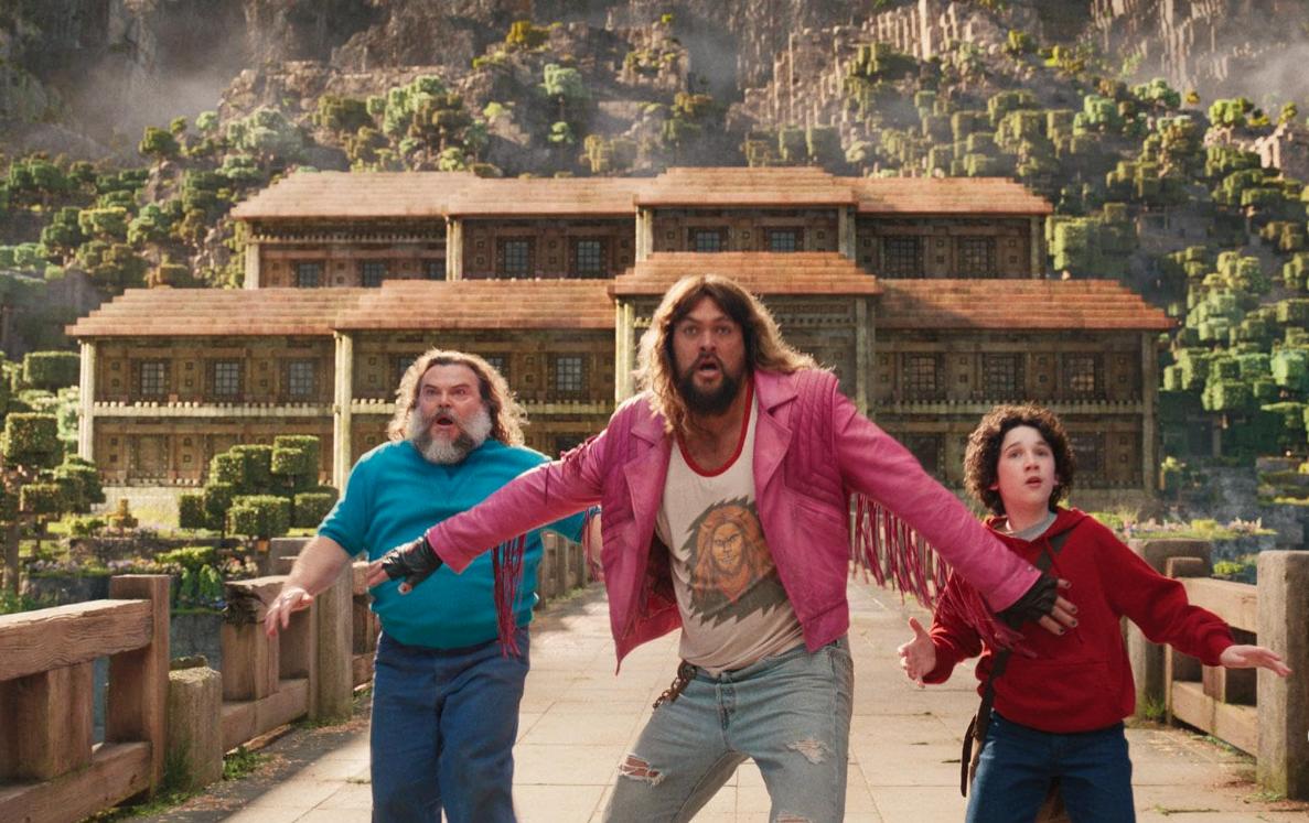 Jack Black, Jason Momoa and Sebastian Hansen in "A Minecraft Movie."