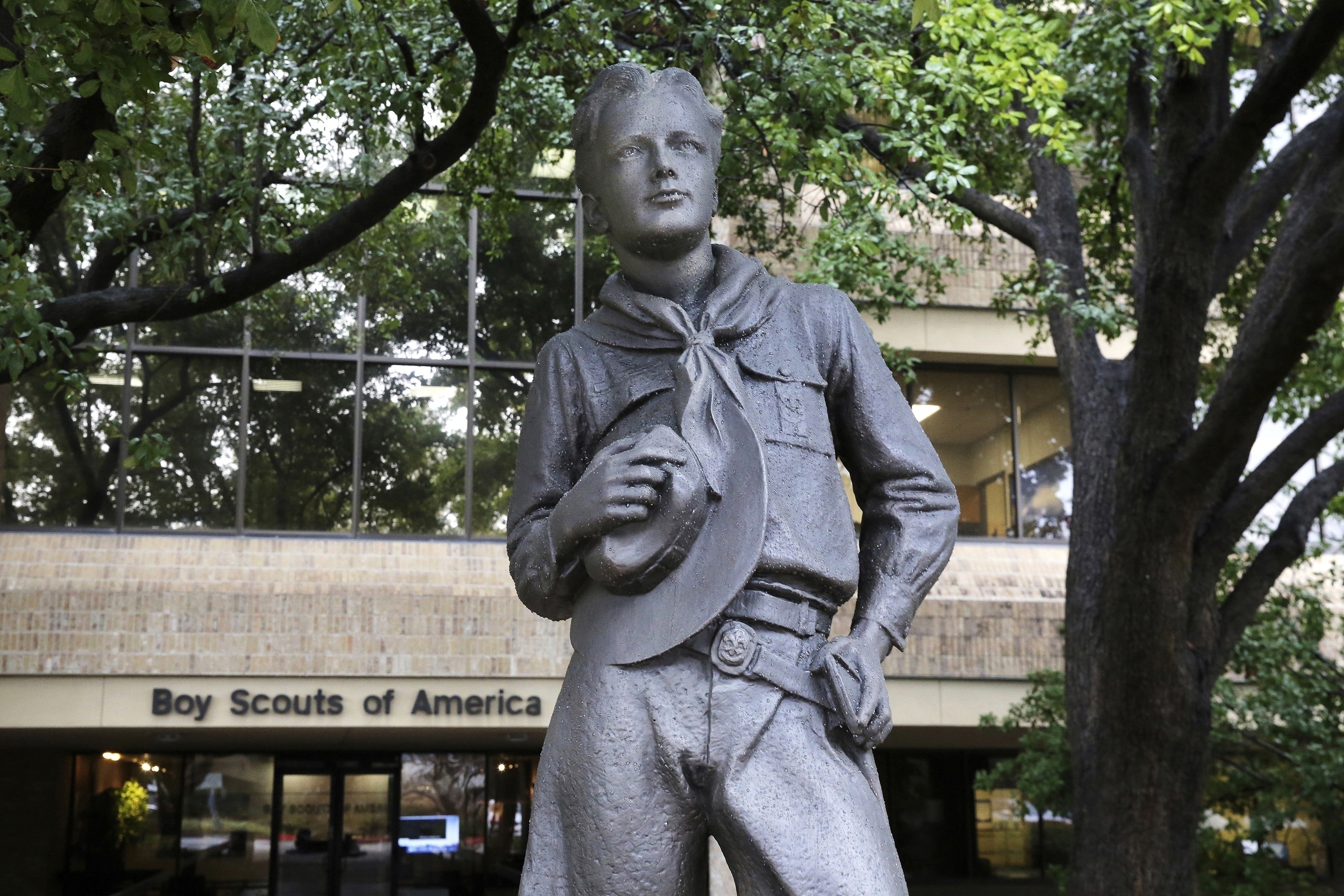A statue stands outside the Boy Scouts of America, now Scouts BSA, headquarters in Irving, Texas, Feb. 12, 2020. Defense Secretary Pete Hegseth said in an NPR story on Tuesday the military is seeking to cut ties with the organization.