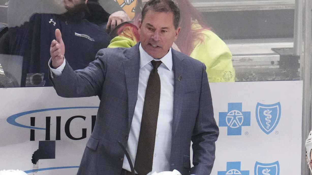Vegas Golden Knights head coach Bruce Cassidy stands behind his bench during the third period of an NHL hockey game against the Pittsburgh Penguins in Pittsburgh, Tuesday, March 11, 2025.