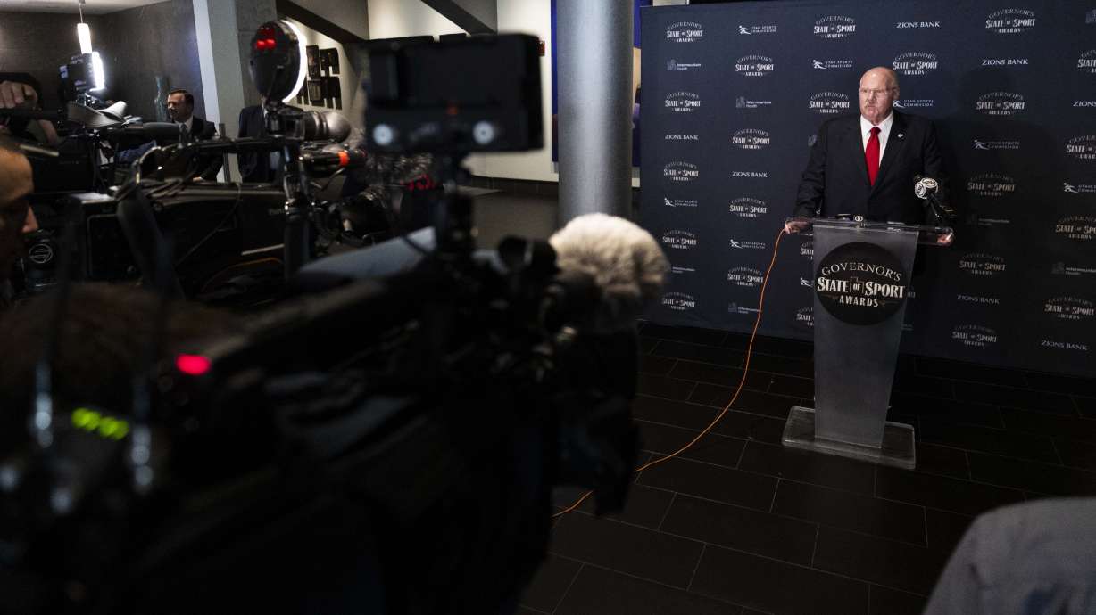 Kansas City Chiefs head coach Andy Reid speaks at a press conference before the Governor's State of Sport Awards at the Delta Center in Salt Lake City on Friday, April 4, 2025. Reid, a former BYU player and coach, is this year’s Governor's State of Sport Awards’ special guest.