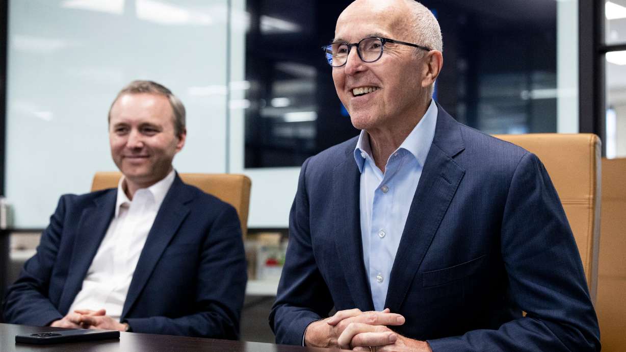 Frank McCourt, founder of Project Liberty, talks with a reporter at the Deseret News’ office at the Triad Center in Salt Lake City on Friday.