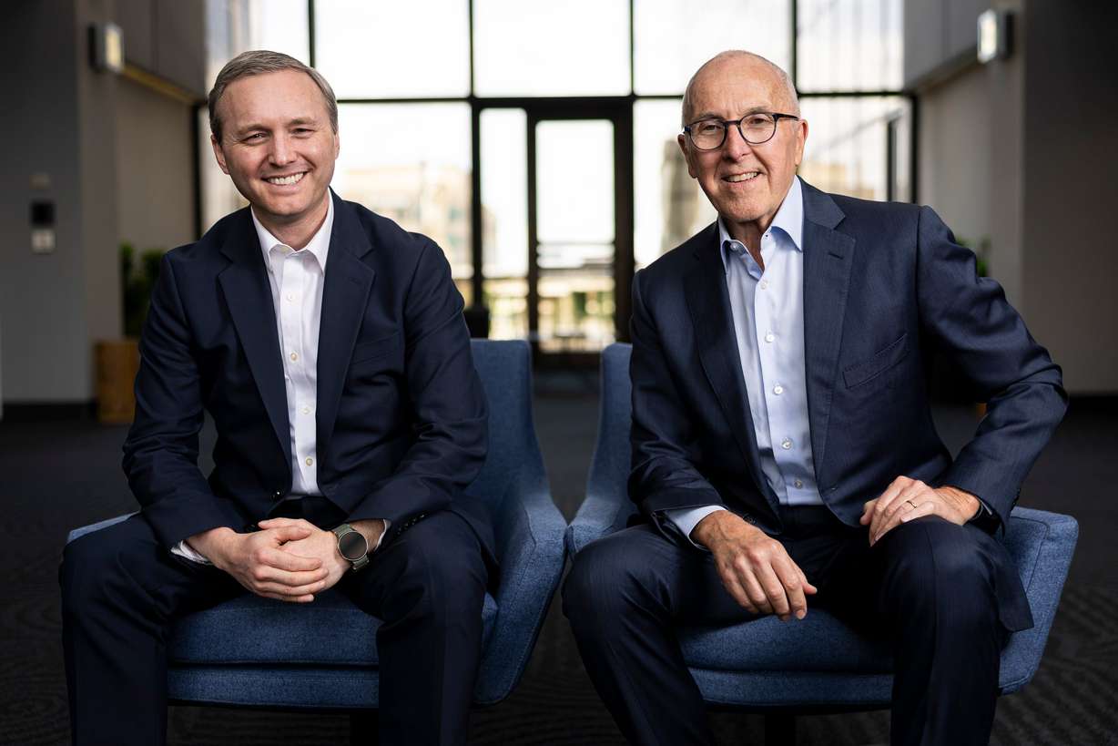 Frank McCourt, founder of Project Liberty, right, and Tomicah Tillemann, president of Project Liberty, pose for a portrait at the Deseret News’ office at the Triad Center in Salt Lake City on Friday.