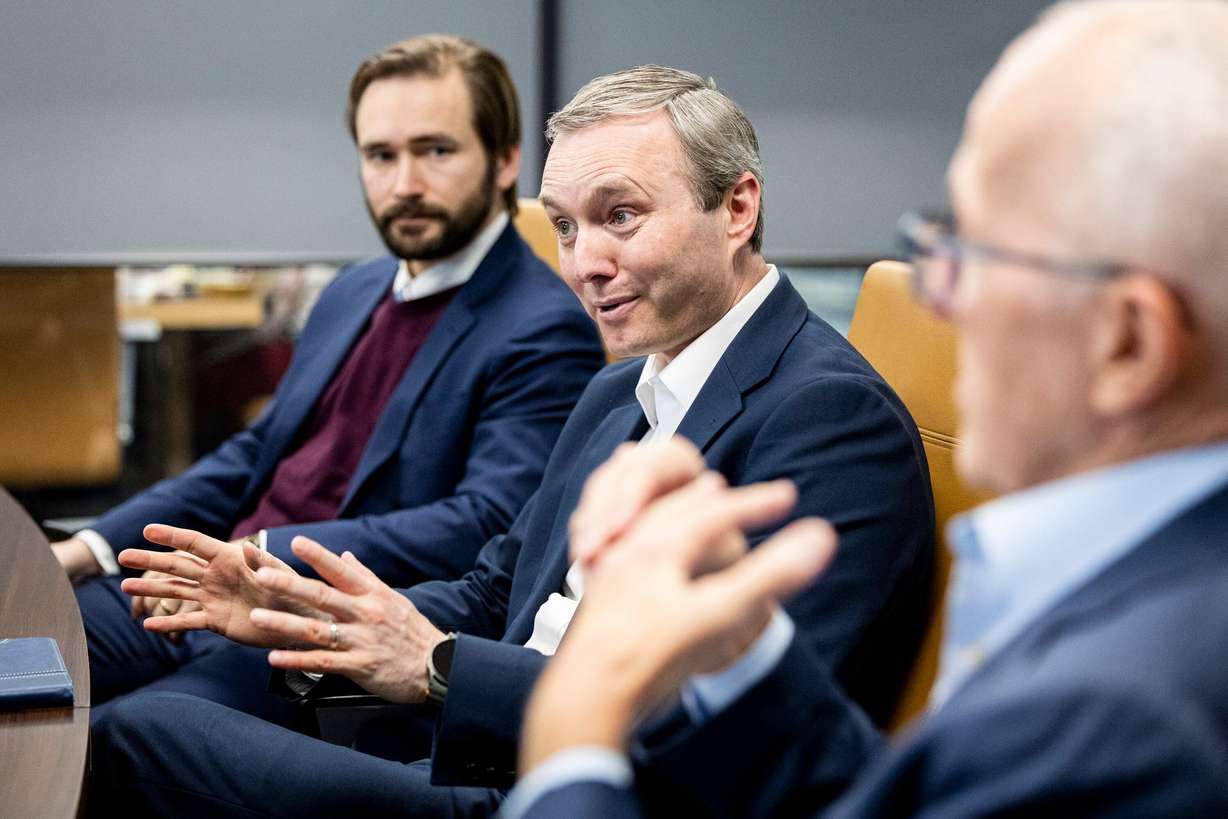 Tomicah Tillemann, president of Project Liberty, talks with a reporter at the Deseret News’ office at the Triad Center in Salt Lake City on Friday.