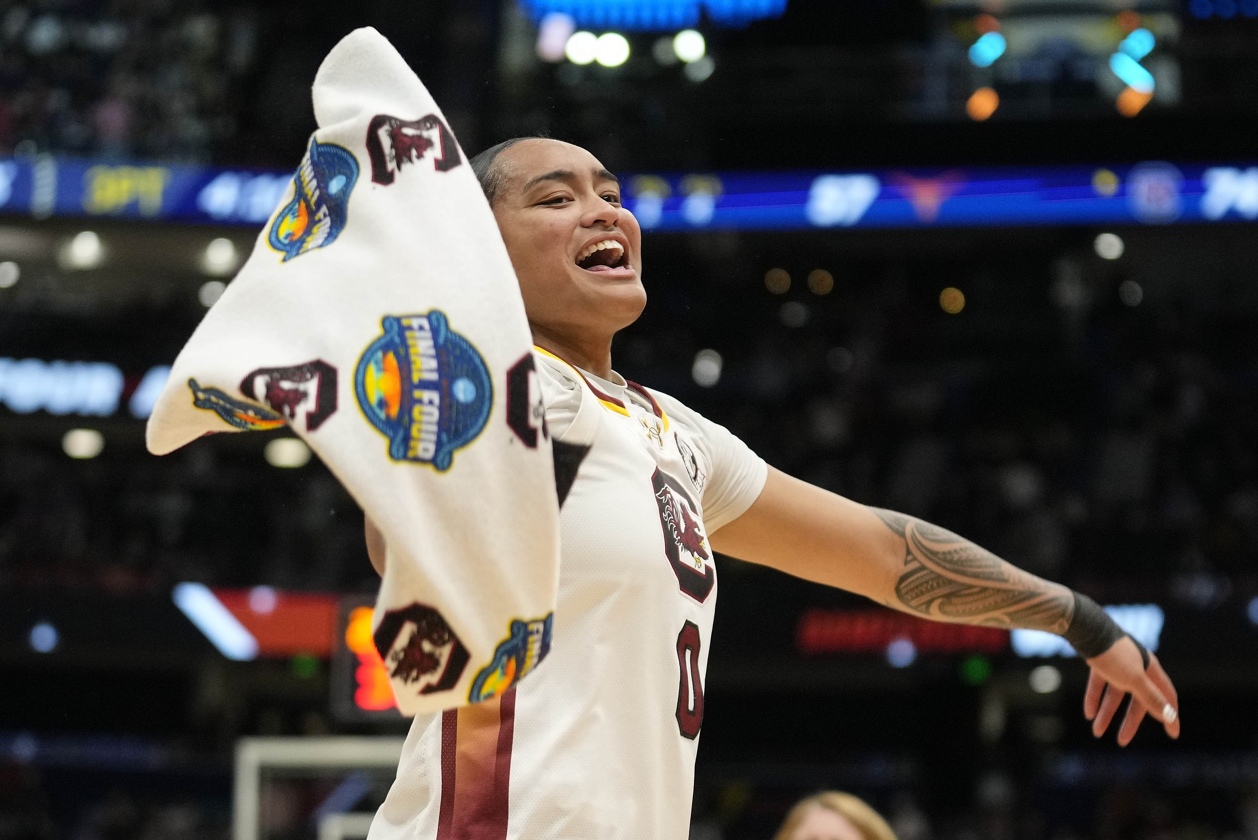 South Carolina guard Te-Hina Paopao (0) reacts during the second half of a national semifinal Final Four game against Texas during the women's NCAA college basketball tournament, Friday, April 4, 2025, in Tampa, Fla.