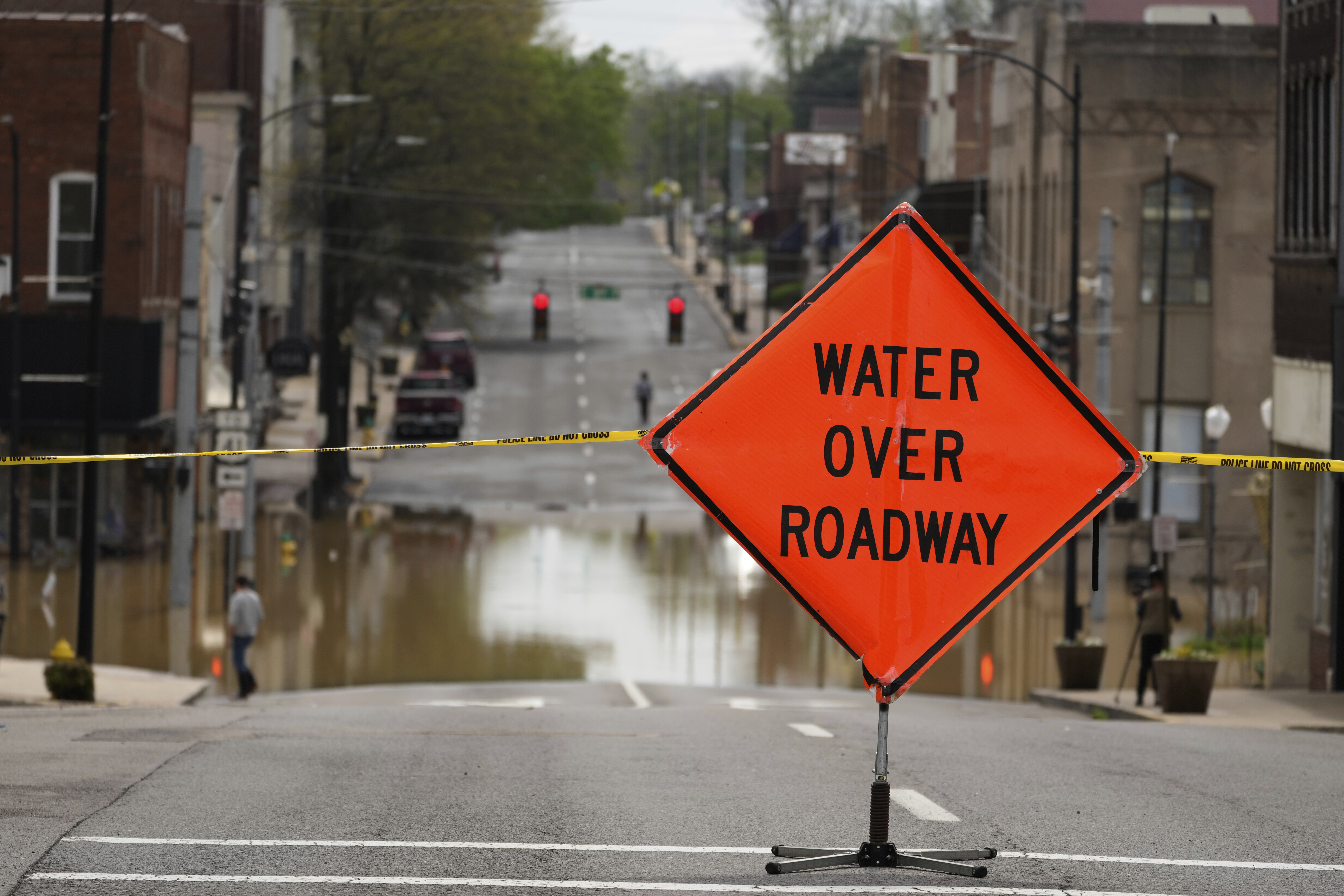 A street is closed off due to flood waters in Hopkinsville, Ky., Friday.