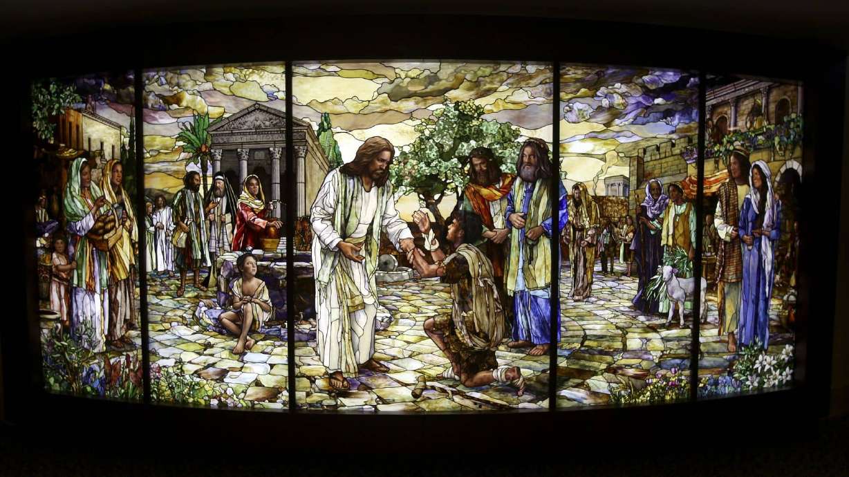Inside the visitors’ center, Thomas Holdman’s stained glass mural depicts the ministry of Jesus Christ.