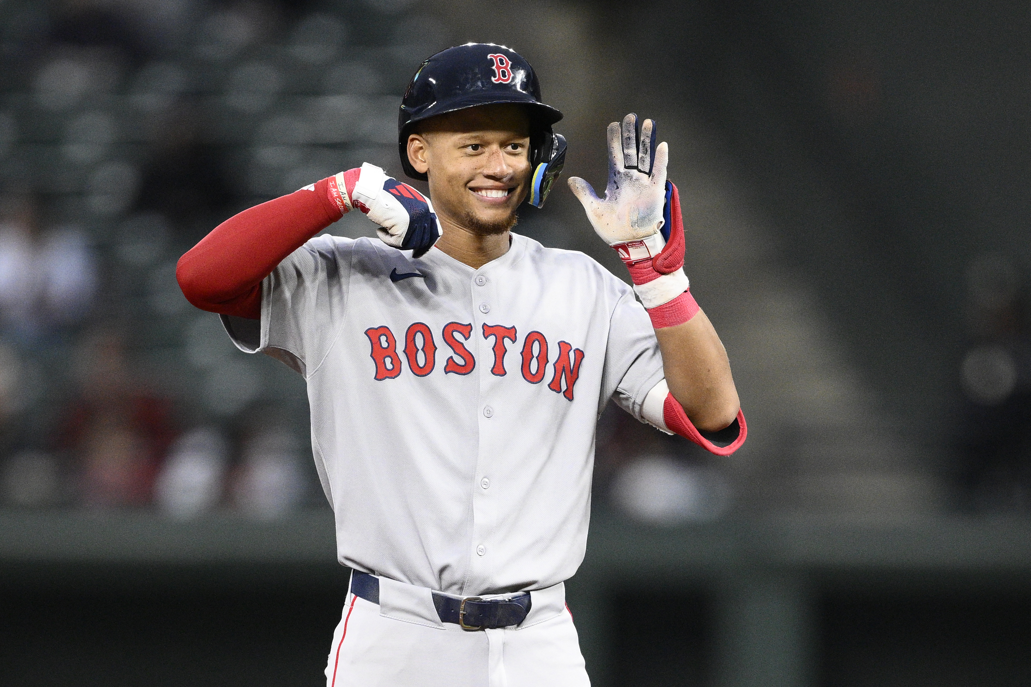 Boston Red Sox's Kristian Campbell gestures as he stands on second base after he doubled during the second inning of a baseball game against the Baltimore Orioles, Wednesday, April 2, 2025, in Baltimore.