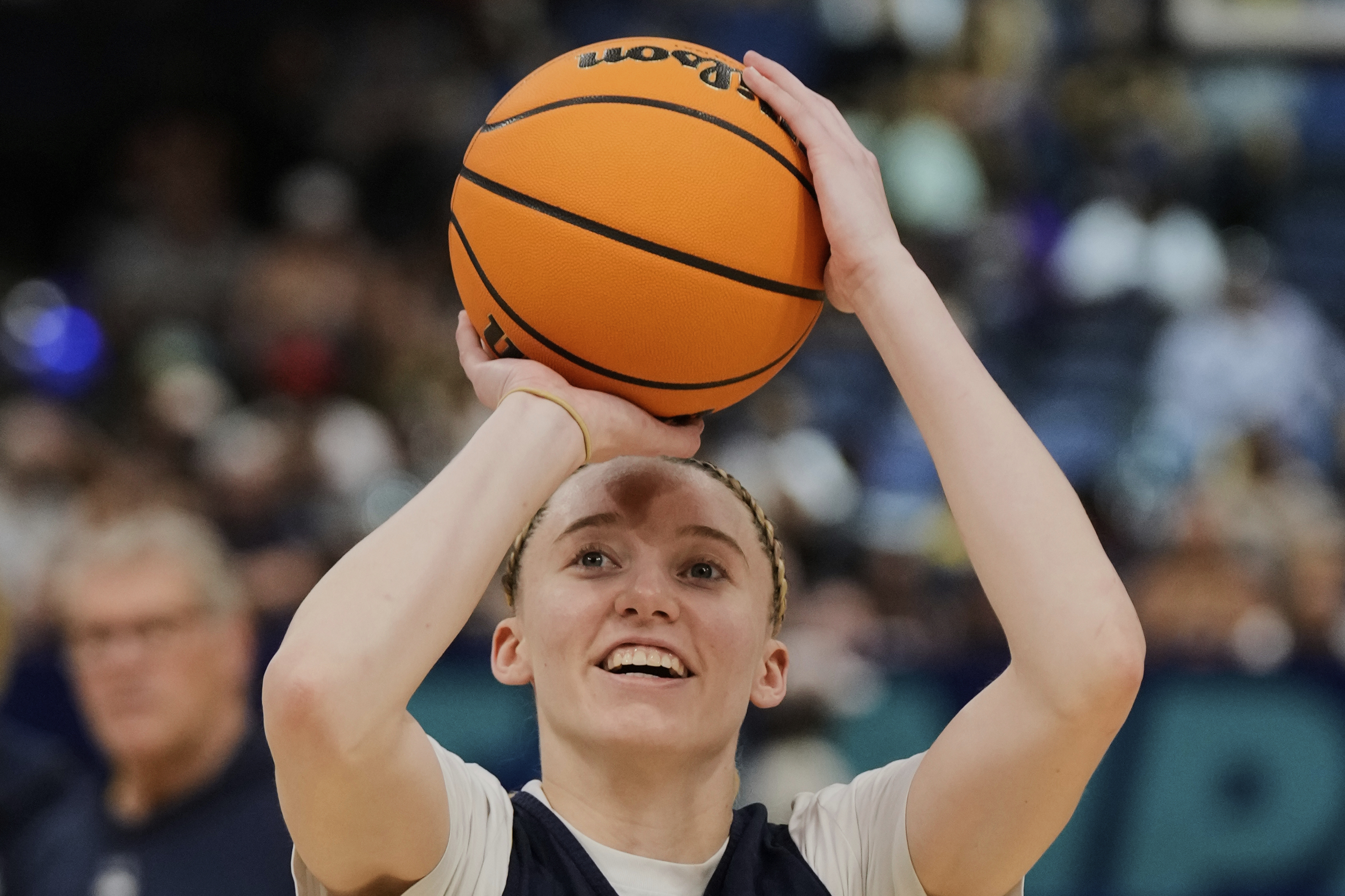 UConn guard Paige Bueckers shoots free throws during practice at the Final Four of the NCAA college basketball tournament Saturday, April 5, 2025, in Tampa, Fla.