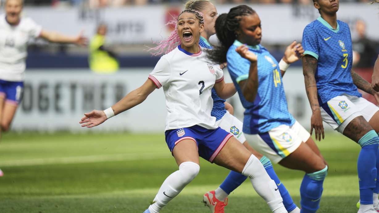United States forward Trinity Rodman (2) celebrates her goal during the first half of a women's international friendly soccer match against Brazil in Inglewood, Calif. Saturday, April 5, 2025.