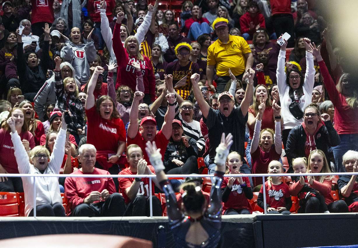 Utah fans cheer after Zoe Johnson finishes her performance on vault during the NCAA gymnastics regionals at the Jon M. Huntsman Center on the campus of the University of Utah in Salt Lake City on Saturday, April 5, 2025.