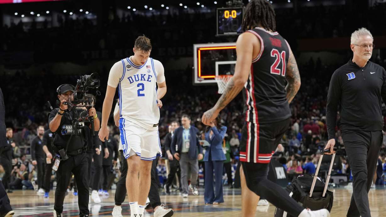 Duke's Cooper Flagg (2) walks off the court after Duke lost to Houston in the national semifinals at the Final Four of the NCAA college basketball tournament, Saturday, April 5, 2025, in San Antonio.