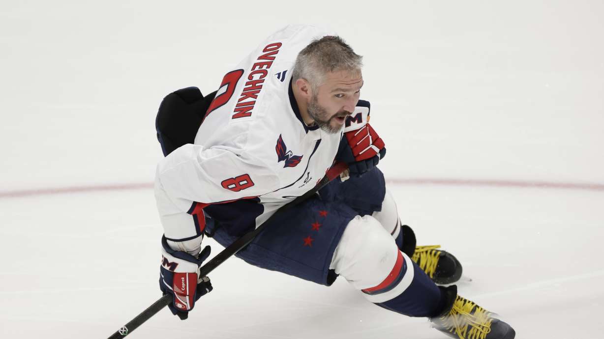 Washington Capitals left wing Alex Ovechkin warms-up before an NHL hockey game against New York Islanders in Elmont, N.Y., Sunday, April 6, 2025.