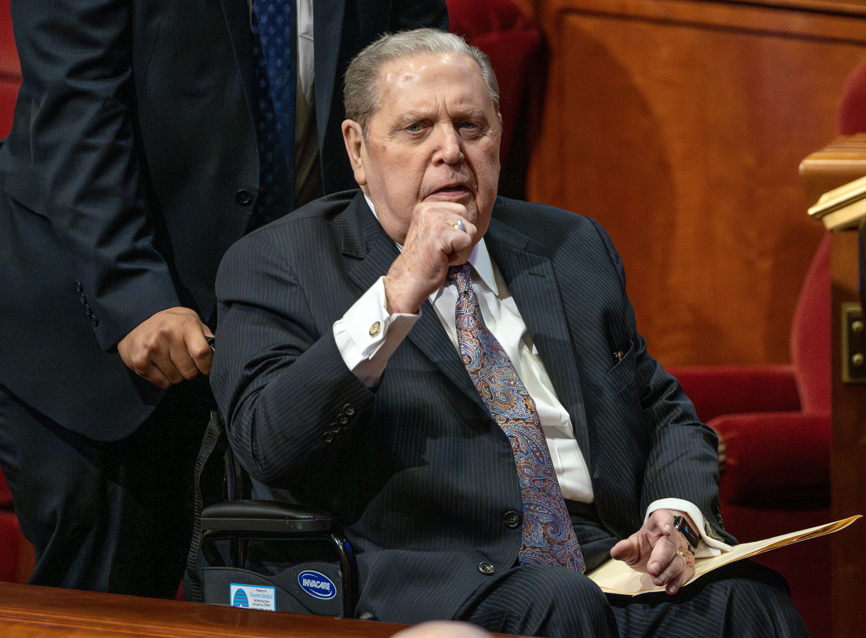 President Jeffrey R. Holland, then-acting president of the Quorum of the Twelve Apostles, exits after the morning session of the 195th Annual General Conference of The Church of Jesus Christ of Latter-day Saints at the Conference Center in Salt Lake City on Sunday, April 6, 2025.