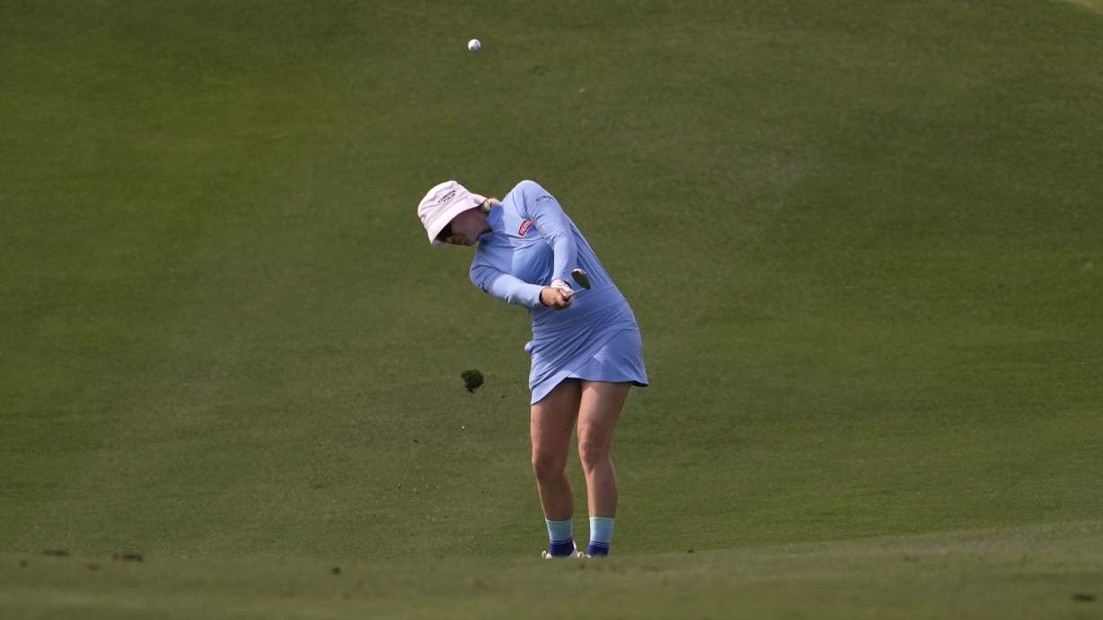 Madelene Sagstrom, of Sweden, hits from the 18th fairway during the first round of the Ford Championship LPGA golf event, Thursday, March 27, 2025, in Phoenix.