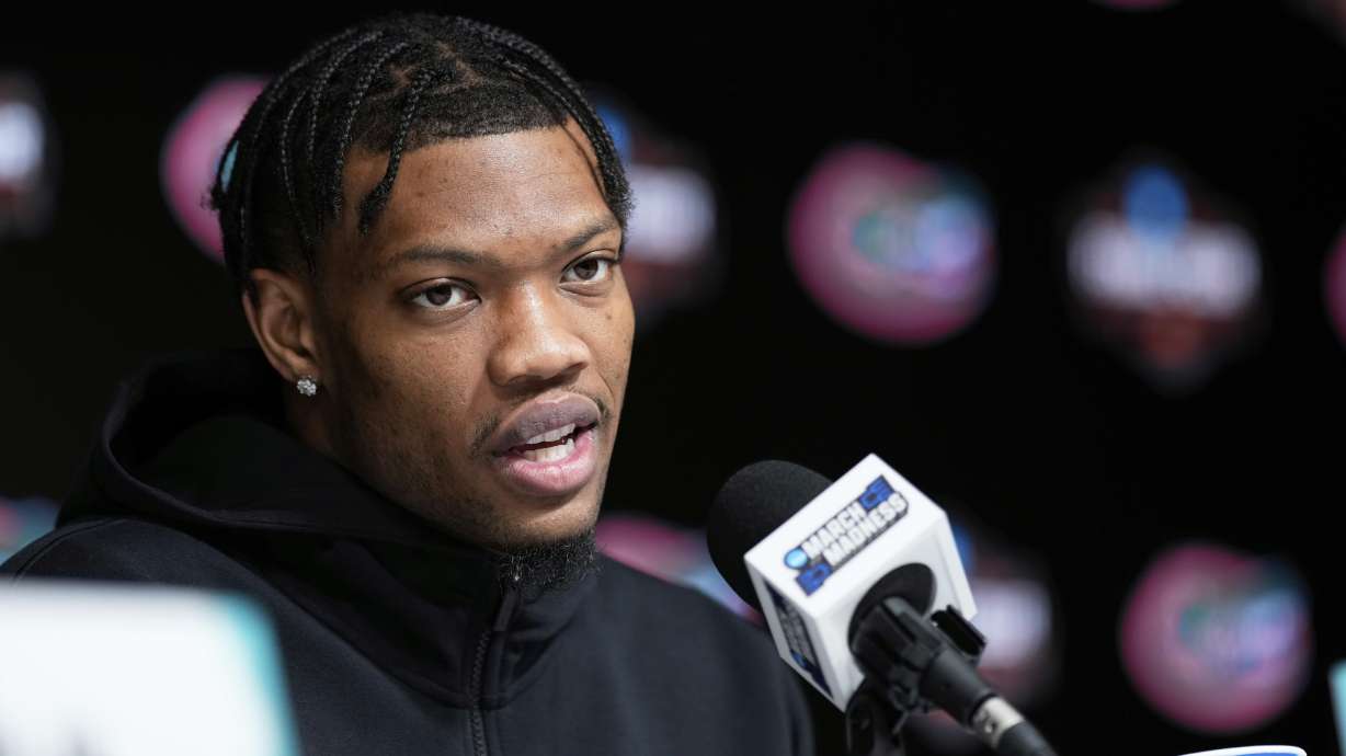 Florida guard Alijah Martin speaks during a news conference at the Final Four of the NCAA college basketball tournament, Sunday, April 6, 2025, in San Antonio.