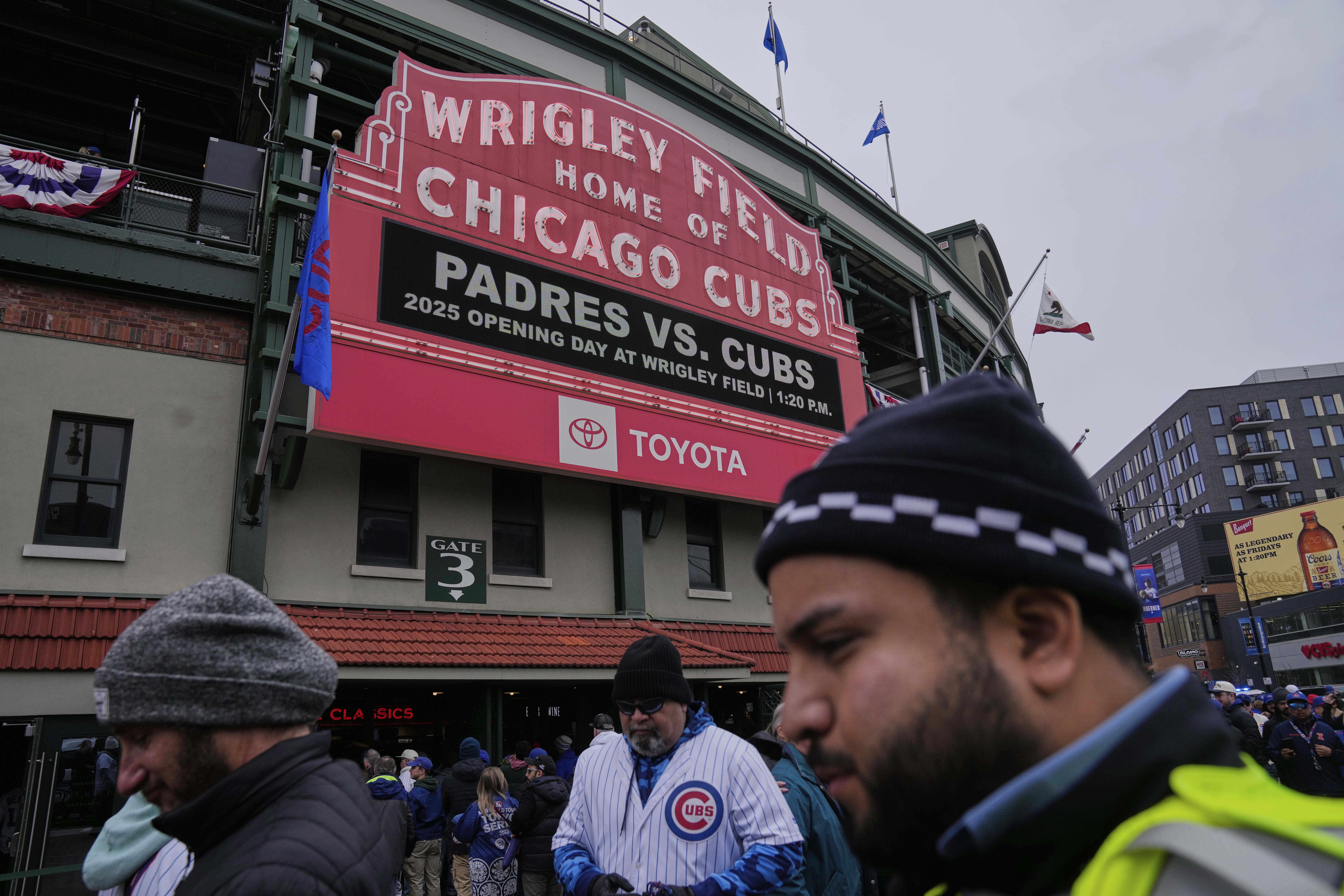 The Wrigley Field marquee is seen before the Chicago Cubs' home-opener baseball game against the San Diego Padres, Friday, April 4, 2025, in Chicago.