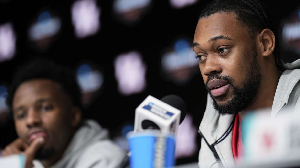 Houston forward J'Wan Roberts speaks during a news conference at the Final Four of the NCAA college basketball tournament, Sunday, April 6, 2025, in San Antonio.