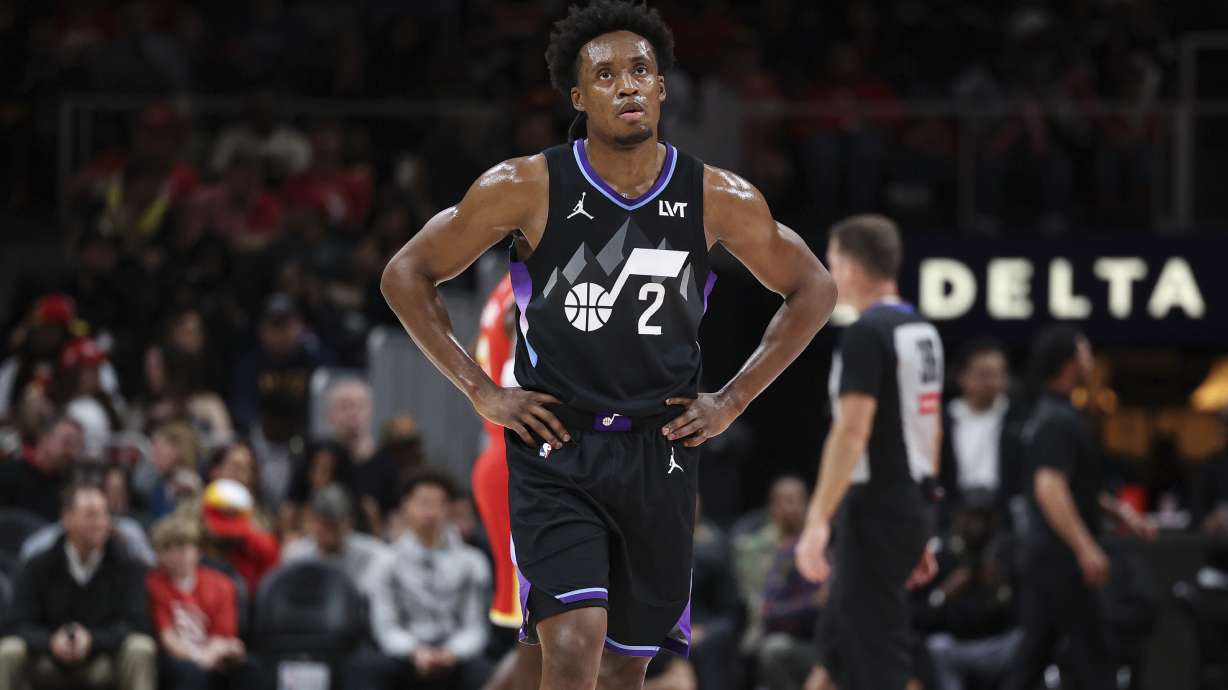 Utah Jazz guard Collin Sexton (2) looks on during the second half of an NBA basketball game against the Atlanta Hawks, Sunday, April 6, 2025, in Atlanta.