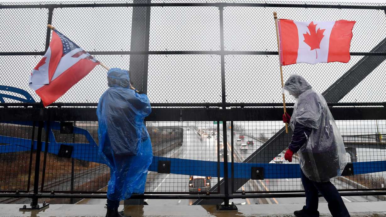 Elbows Up for Canada protesters gather near The Peace Bridge border crossing in Buffalo, N.Y., Wednesday.