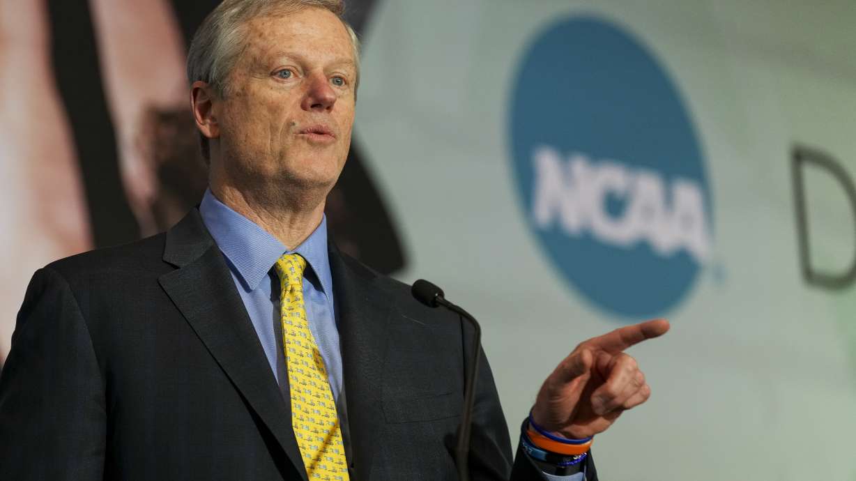 FILE - NCAA President Charlie Baker speaks during the organizations Division I Business Session at their annual convention Wednesday, Jan. 15, 2025, in Nashville, Tenn.