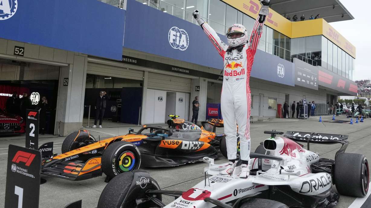 Red Bull driver Max Verstappen of the Netherlands celebrates after the Japanese Formula One Grand Prix at the Suzuka Circuit in Suzuka, central Japan, Sunday, April 6, 2025.