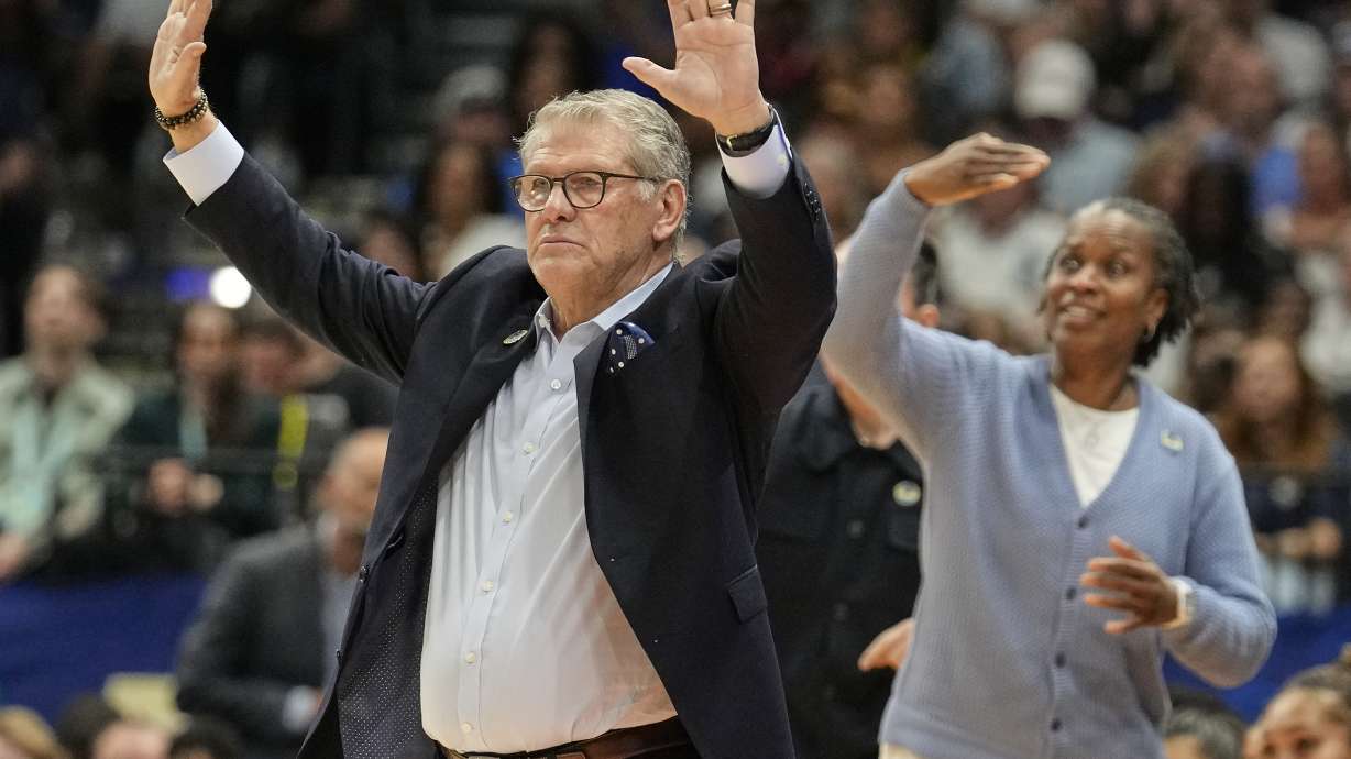 UConn head coach Geno Auriemma motions during the second half of the national championship game against South Carolina at the Final Four of the women's NCAA college basketball tournament, Sunday, April 6, 2025, in Tampa, Fla.