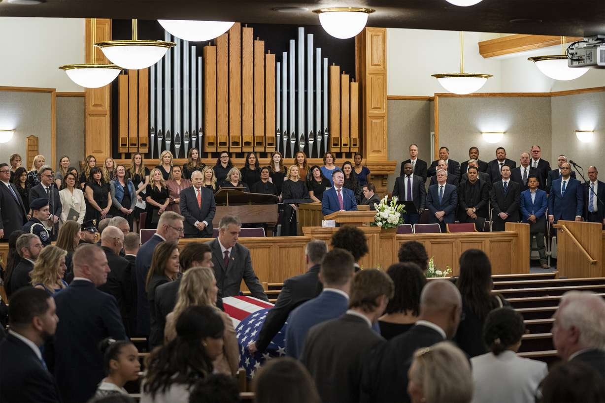 Funeral services for former U.S. Rep. Mia Love take place at the University of Utah Institute of Religion in Salt Lake City on Monday.