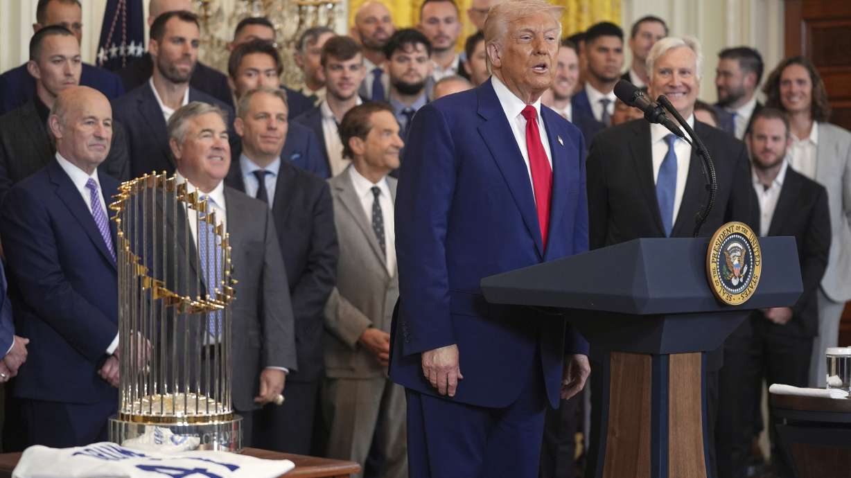 President Donald Trump speaks during a ceremony to honor the Major League Baseball 2024 World Series Champion Los Angeles Dodgers in the East Room of the White House, Monday, April 7, 2025, in Washington.