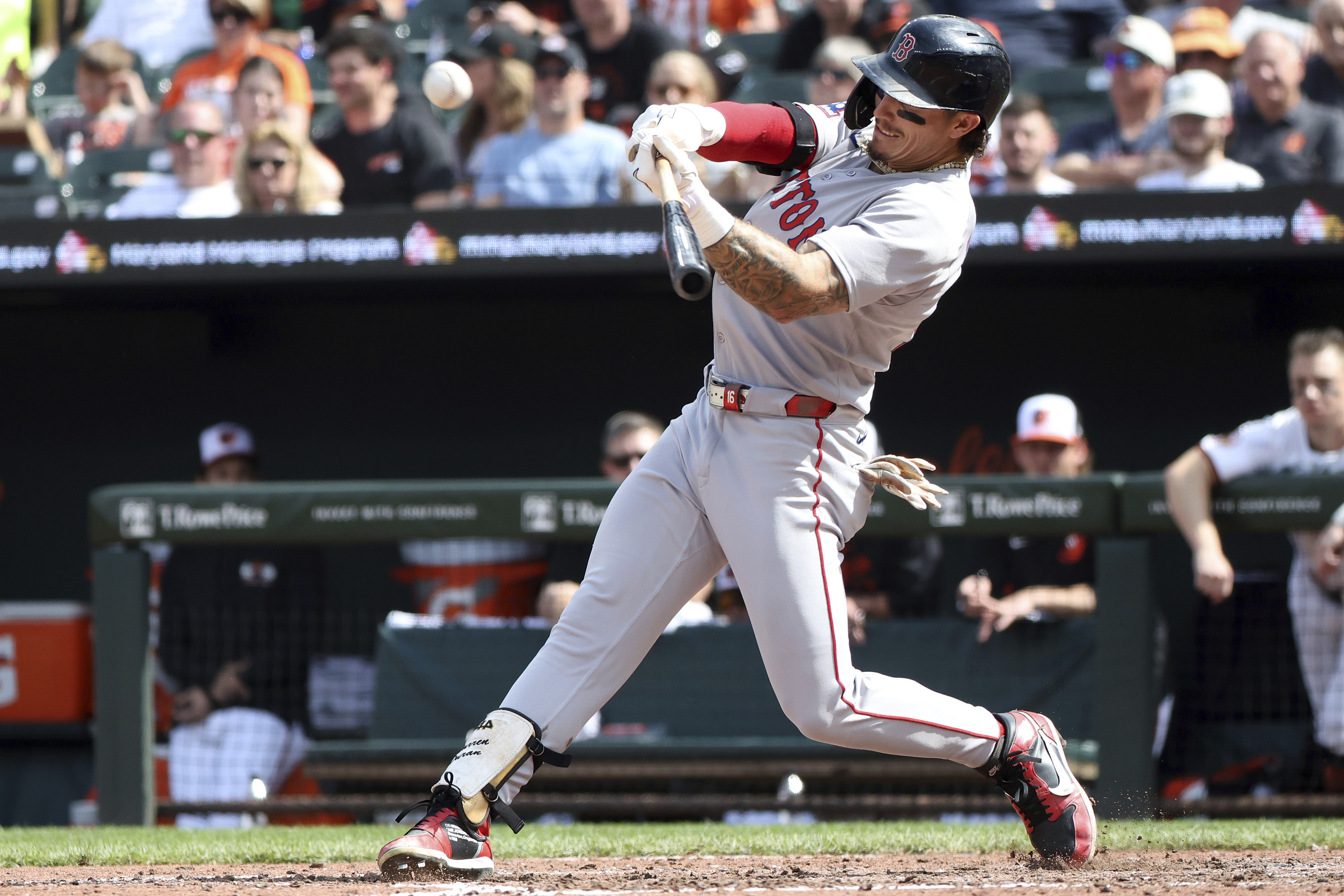 Boston Red Sox outfielder Jarren Duran lines out during the seventh inning of a baseball game against the Baltimore Orioles, Thursday, April 3, 2025, in Baltimore.