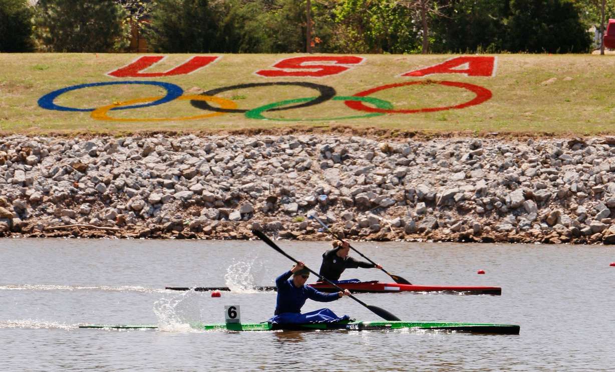 Katie Hagler, left, and Lauren Austin, right, compete in a 500-meter qualifying race at the U.S. Olympic Trials, in Oklahoma City, April 18, 2008.