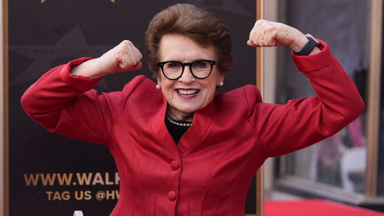 Billie Jean King poses with her new star at a ceremony on the Hollywood Walk of Fame on Monday, April 7, 2025, in Los Angeles.