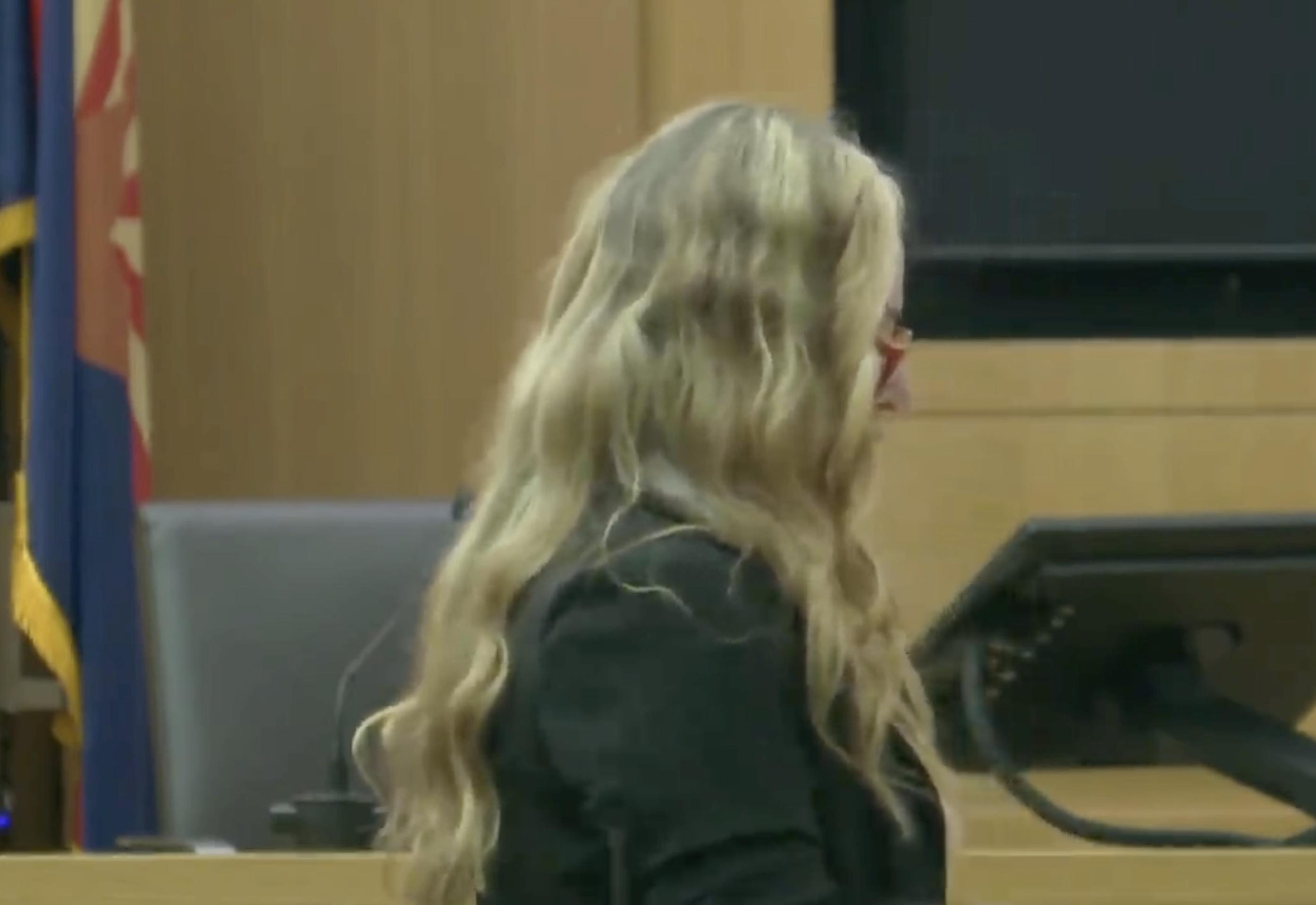 Lori Daybell speaks to jurors Monday during the opening arguments of trial over the death of her fourth husband, Charles Vallow. Daybell is representing herself against charges that she conspired to kill Vallow.