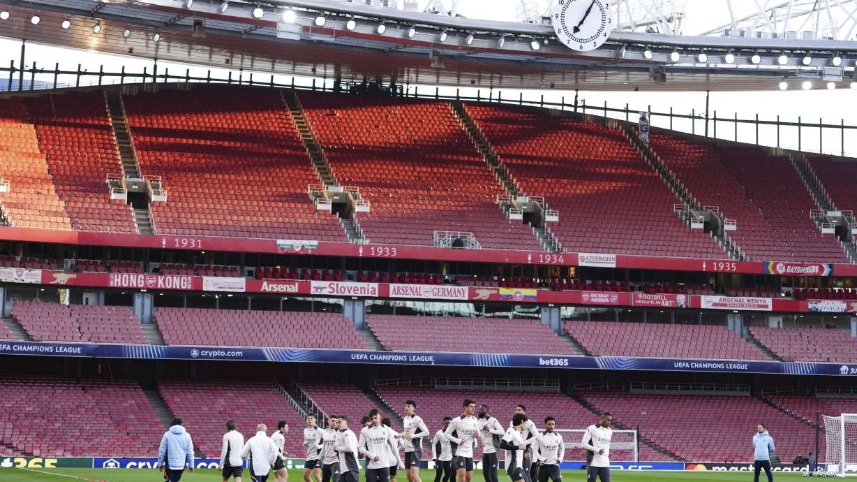 Real Madrid players during a training session at the Emirates Stadium, in London, Monday April 7, 2025, a day ahead of the 1st leg Champions League soccer match against Arsenal on Tuesday.